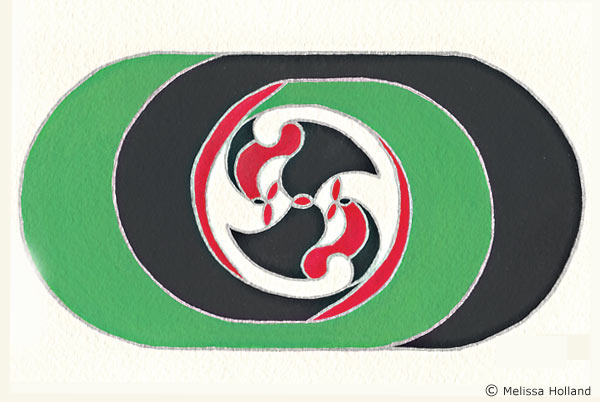 An illustration by Melissa Holland called Celtic Horses. It was created using gouache and silver pen on watercolour paper.