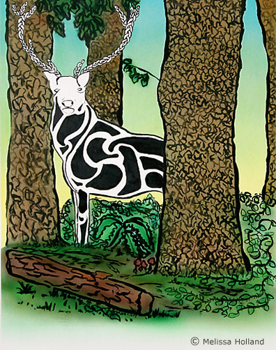 An illustration by Melissa Holland called Celtic Stag. It was created using ink and airbrushed ink on paper board.