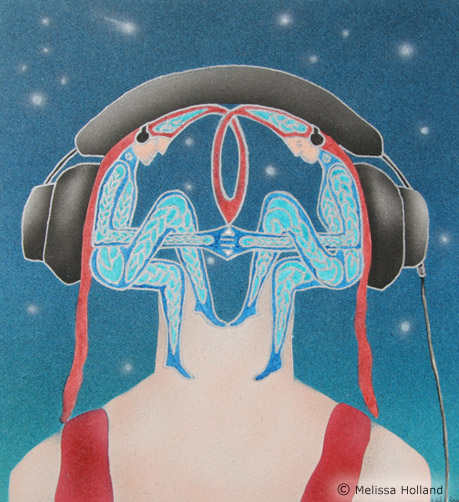 An illustration by Melissa Holland called Head Music. It was created using airbrushed ink, silver pen and pencil on paper.