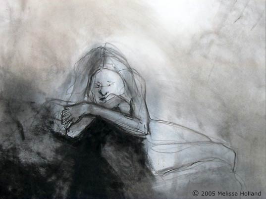 A charcoal, eraser and graphite on paper life drawing by Melissa Holland called Leaning Girl.