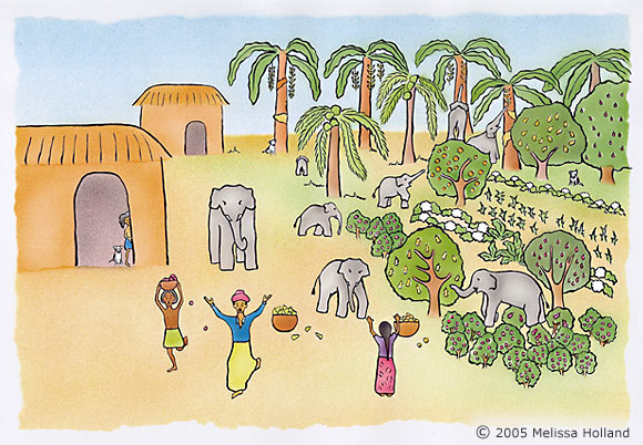 An illustration by Melissa Holland called Little Elephants Raiding the Village. It was created using ink, airbrushed ink and colour pencil on paper board.