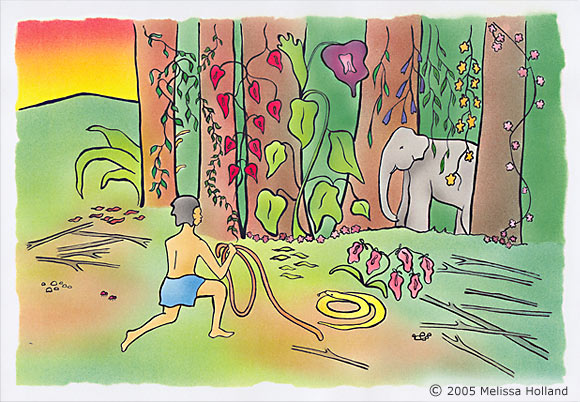 An illustration by Melissa Holland called Boy Capturing the Little Elephant. It was created using ink, airbrushed ink and colour pencil on paper board.