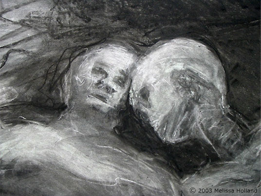 A charcoal, eraser and graphite on paper life drawing by Melissa Holland called Old Man and Death.