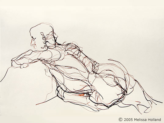An ink on paper life drawing by Melissa Holland called Old Man Leaning.