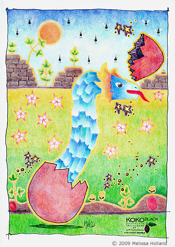 An illustration by Melissa Holland called Quetzalcoatl (The Plumed Serpent) Brings the Joy of Koko to the Word. It was created using pencil and ink on paper.